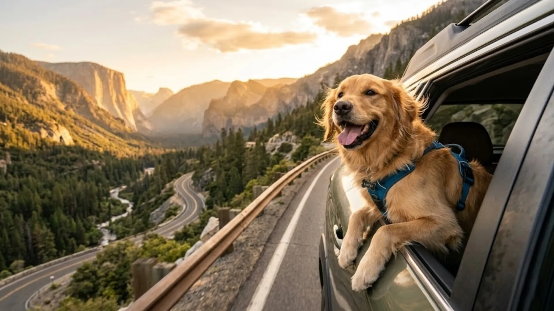 A golden retriever hanging out of a car window with a national park vista in the background, warm golden hour light