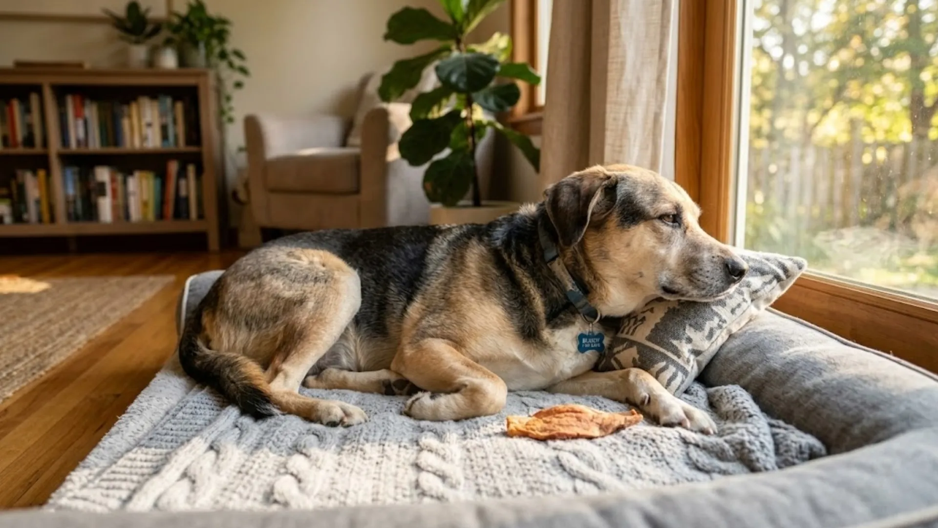A calm rescue dog lying on a soft bed with a natural treat beside them, warm afternoon light streaming through a window