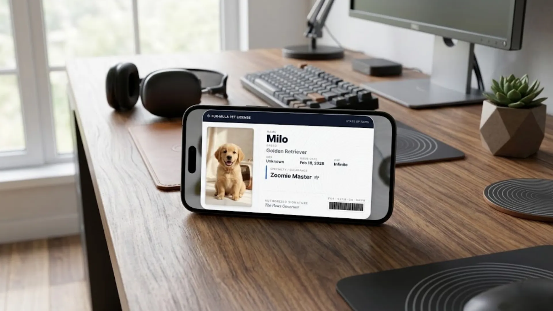 A stylish digital dog ID card on an iPhone screen showing a golden retriever photo, displayed on a wood desk in natural light