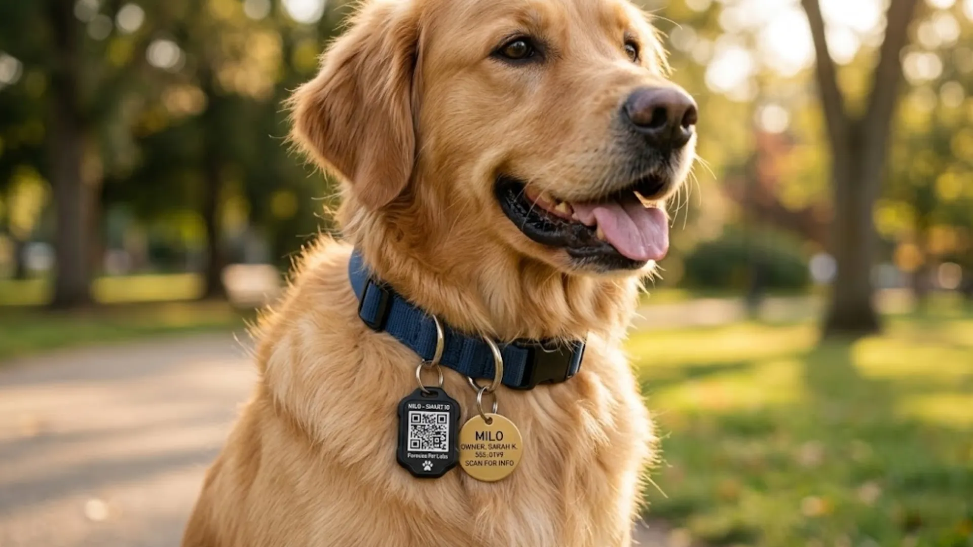 A dog wearing both a digital QR tag and a physical ID tag on their collar, photographed outdoors in warm natural light