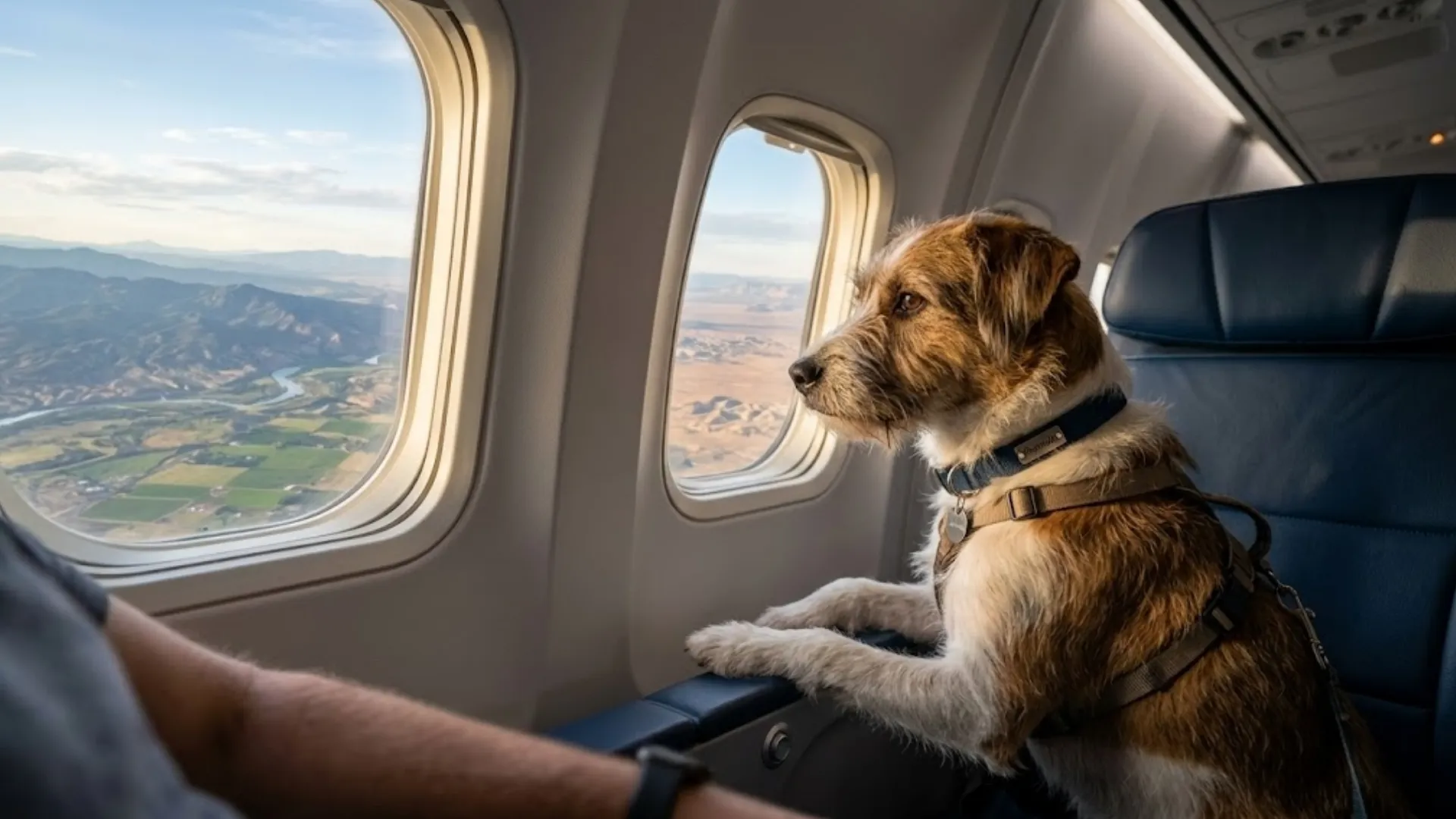 A calm dog looking out of a modern airplane window over US landscapes, natural morning light, photorealistic