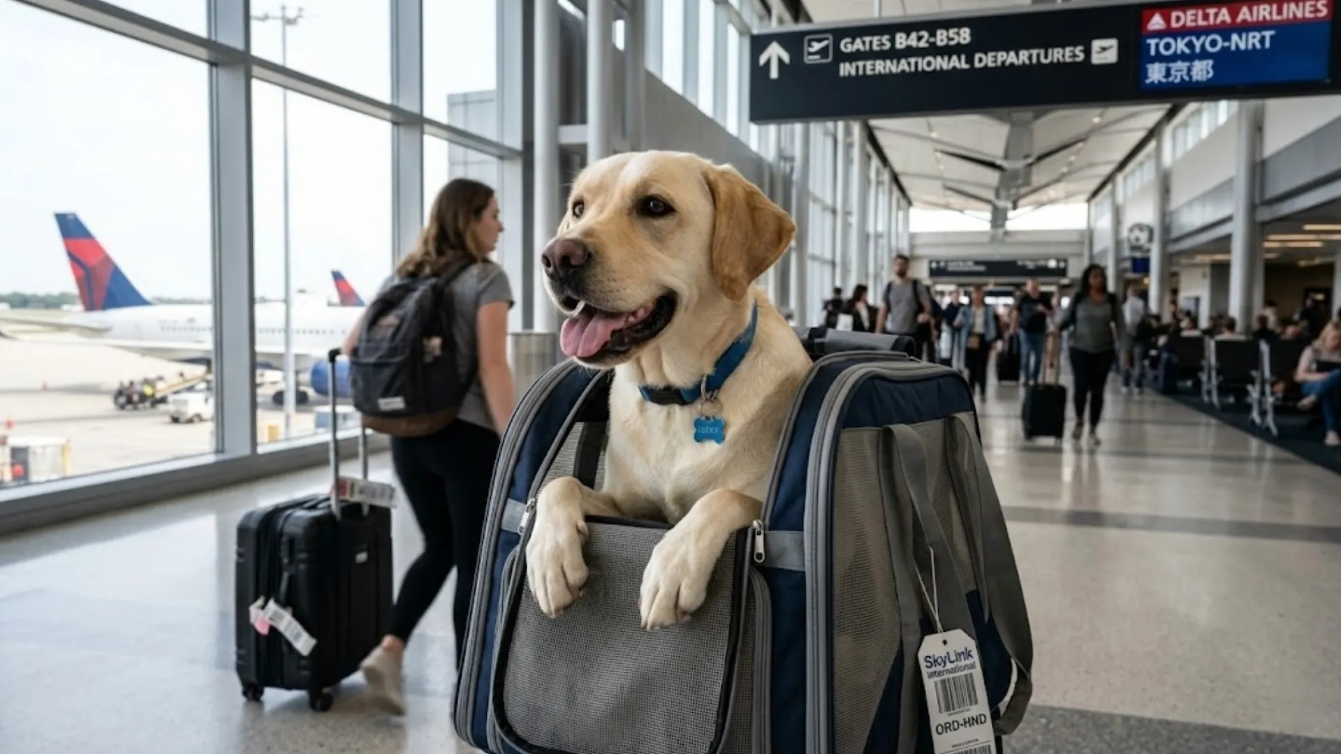 A happy Labrador Retriever peering out of a travel carrier at an international airport, soft natural light