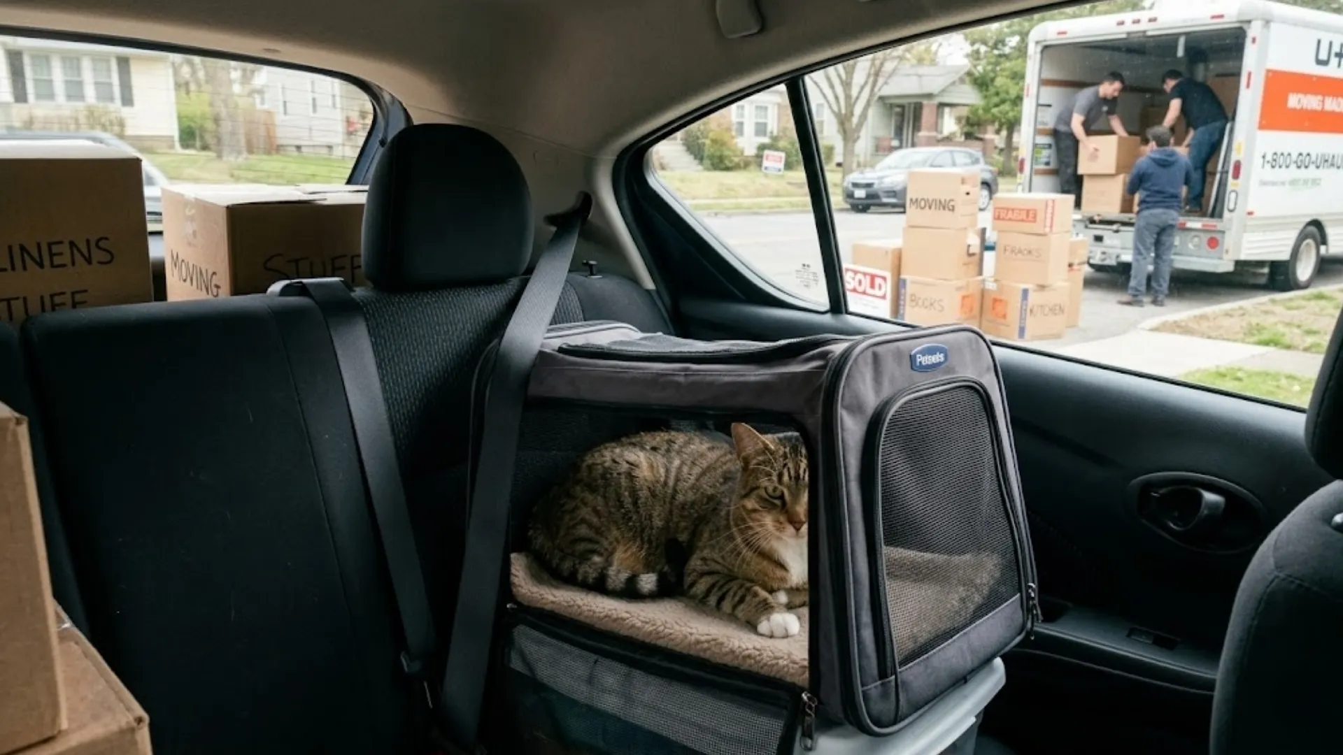 A relaxed indoor cat in a secure carrier on the back seat of a car, moving day boxes visible through the window