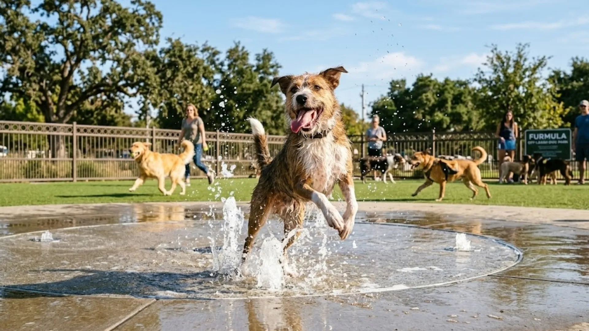 A joyful dog splashing through a water feature at an off-leash dog park, other dogs playing in the background, sunny day