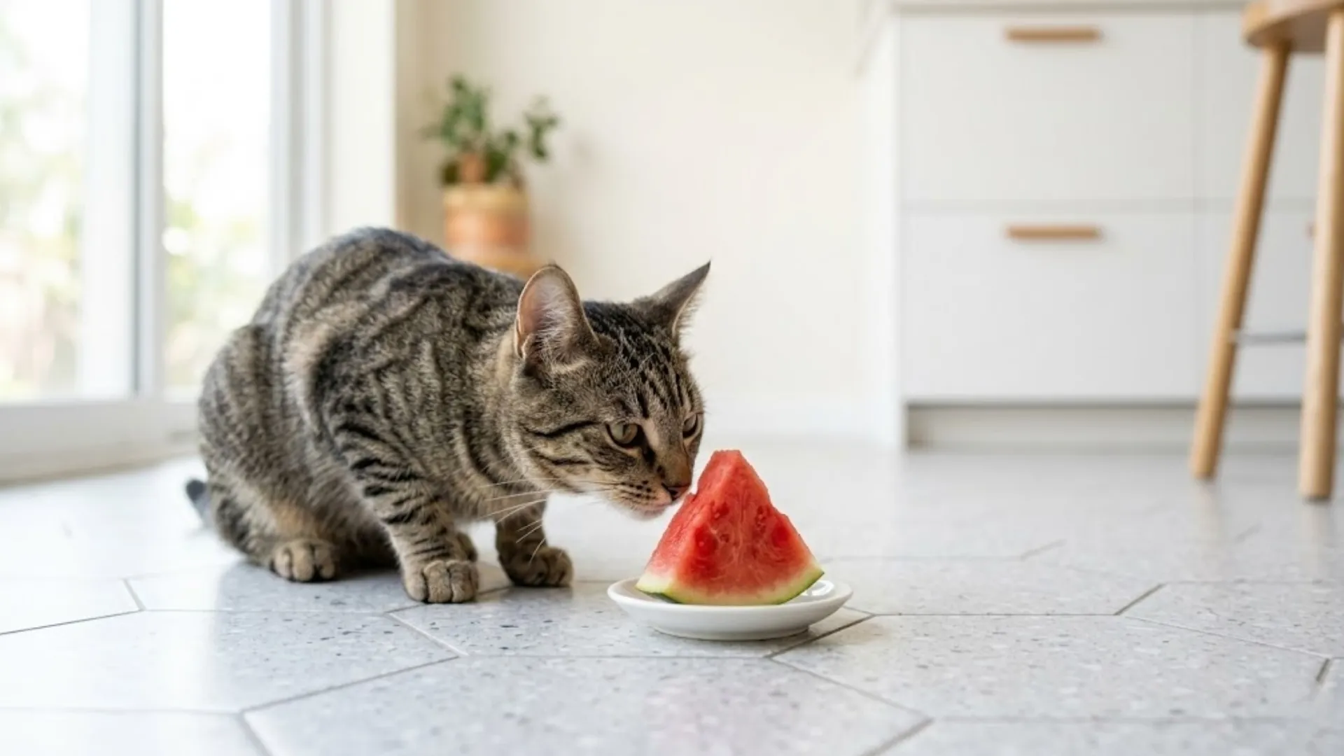 A curious tabby cat sniffing a small slice of watermelon on a kitchen floor, bright natural indoor light