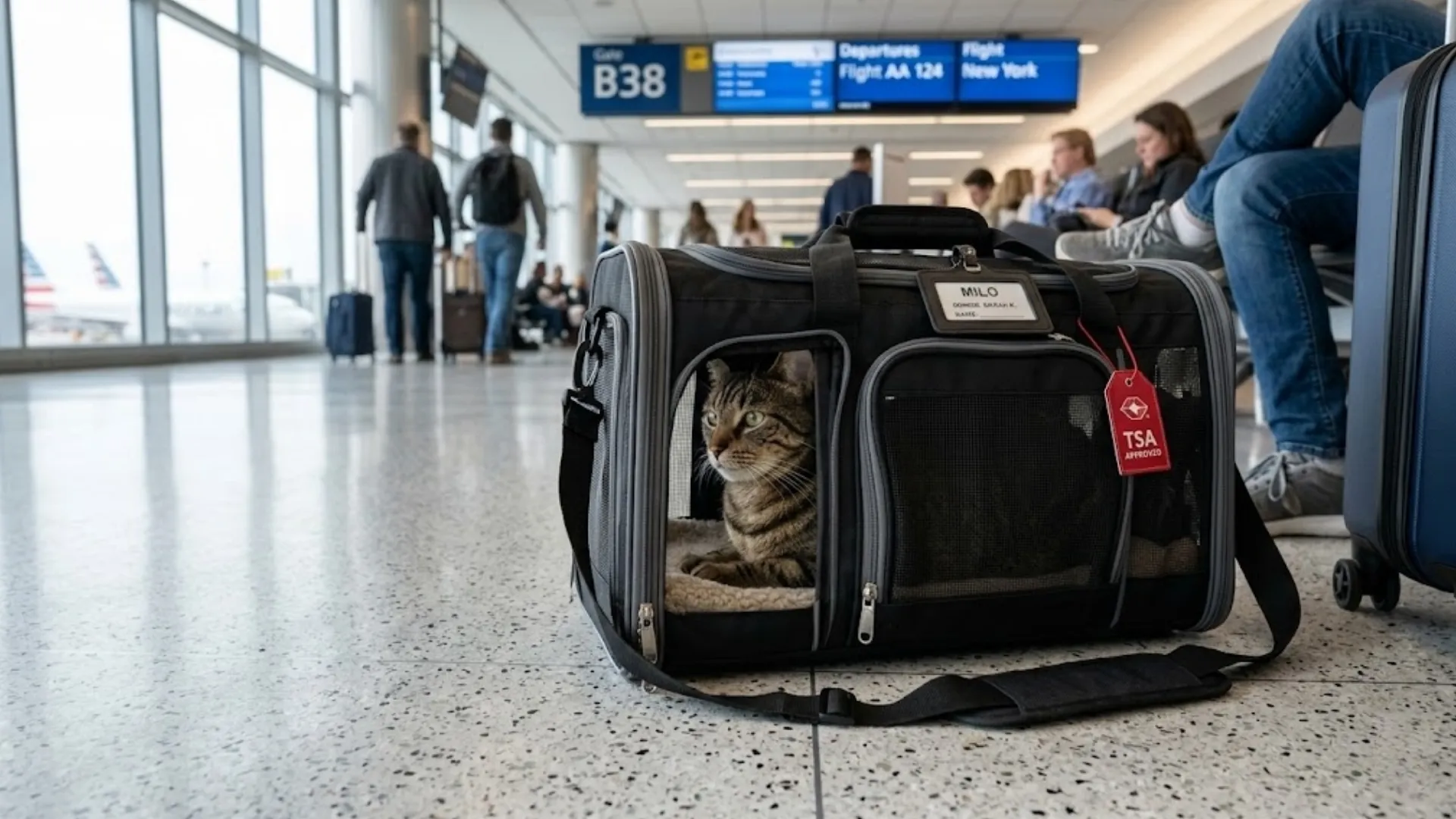 A soft-sided TSA-approved pet carrier with a calm tabby cat inside, placed on an airport terminal floor, natural light