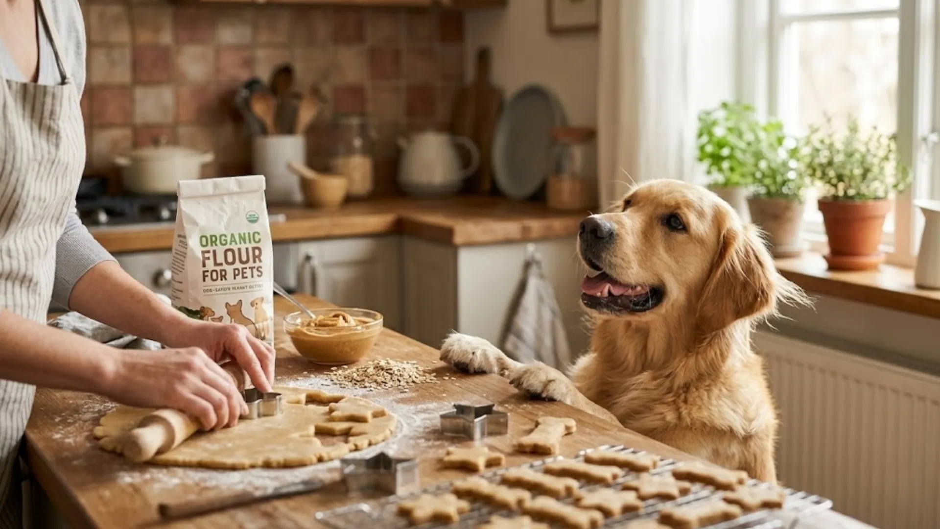 A happy golden retriever watching homemade dog treats being prepared on a wooden kitchen counter, warm natural light