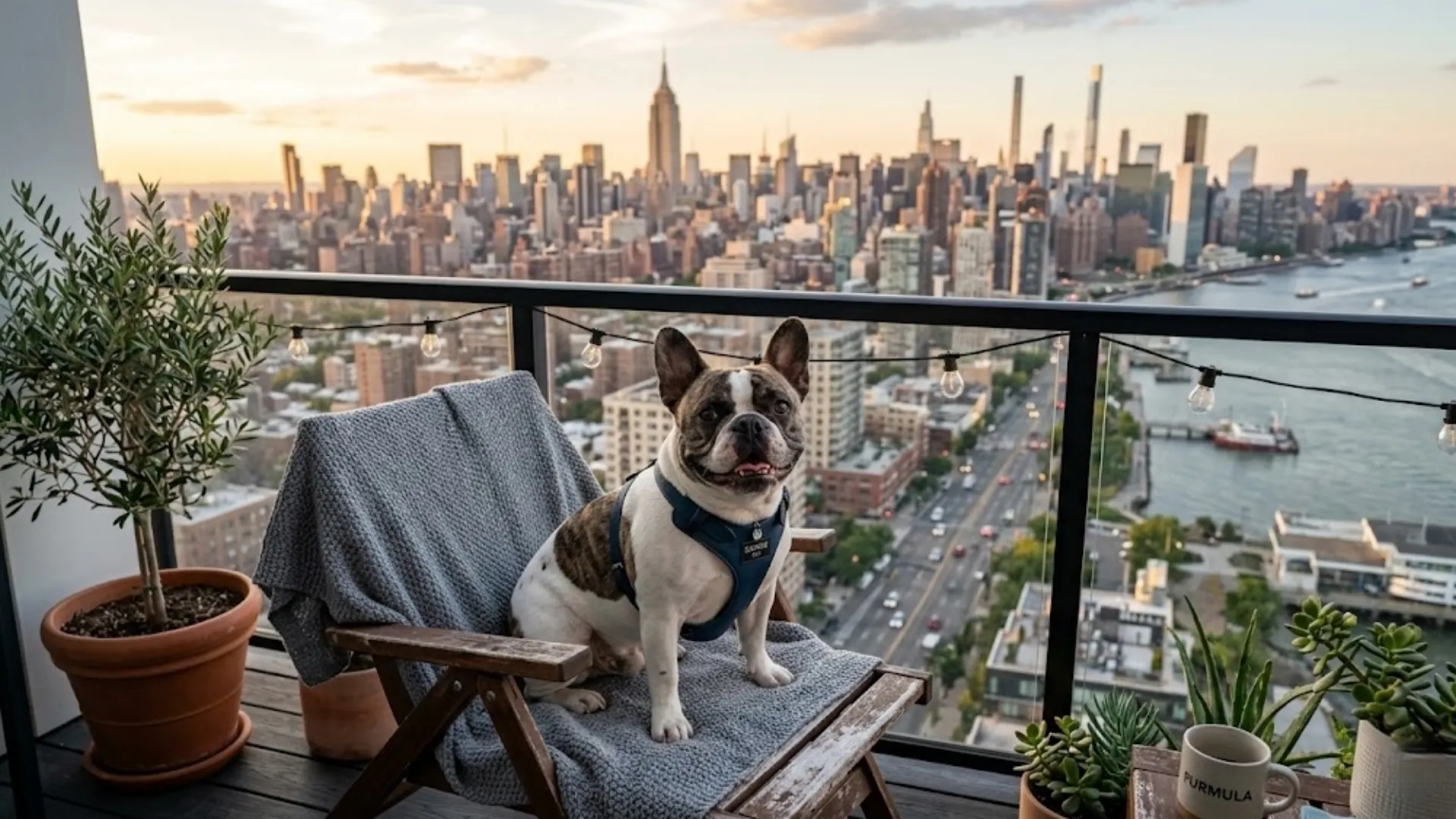 A French Bulldog sitting on a city apartment balcony with an urban skyline in the background, relaxed and happy