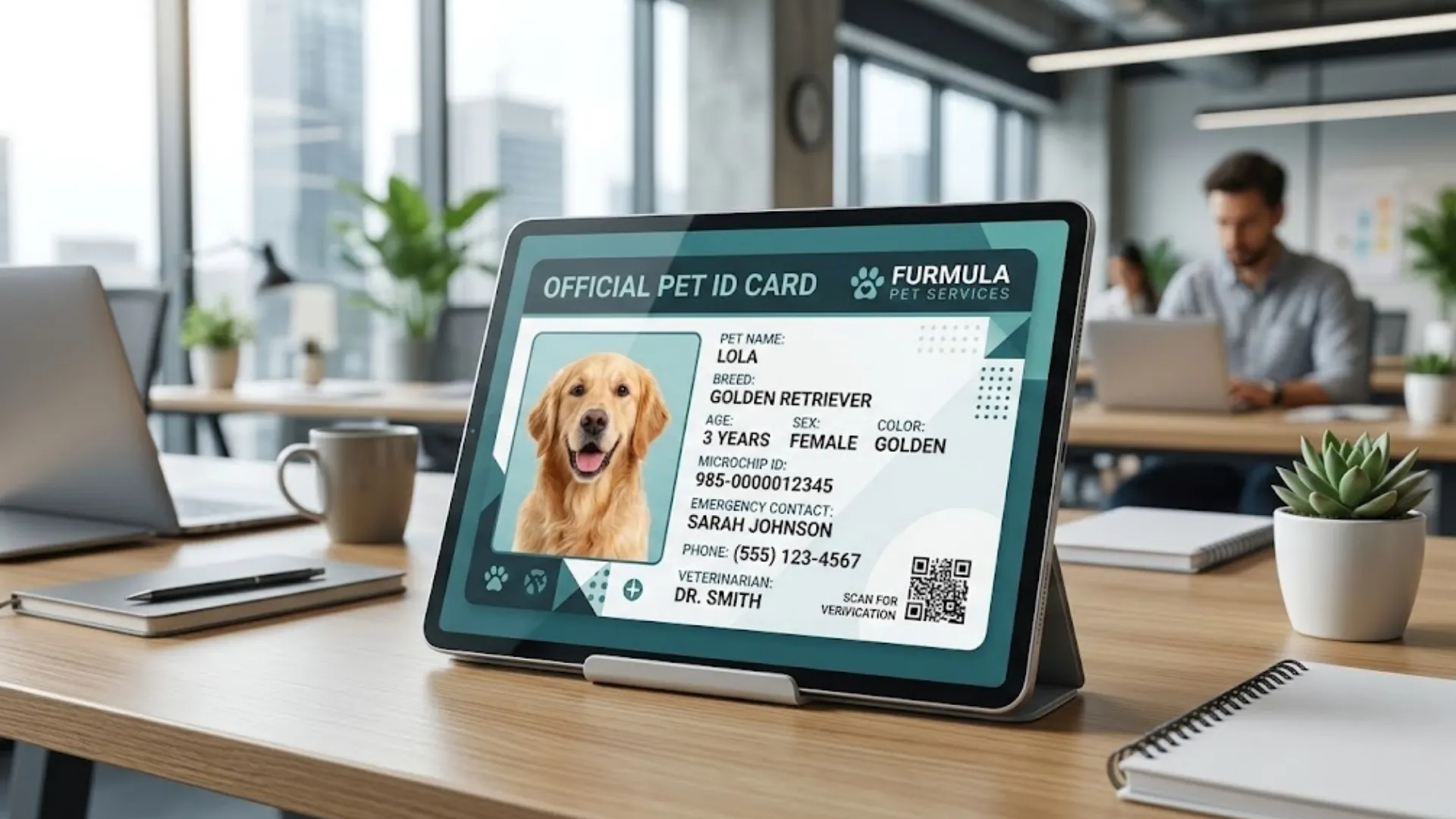 A professional-looking digital pet ID card displayed on a tablet screen, clean sans-serif typography, modern design aesthetic