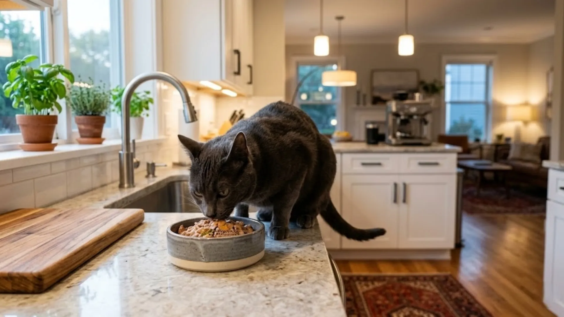 A sleek adult cat eating from a ceramic bowl filled with organic cat food, soft kitchen light in a modern US home