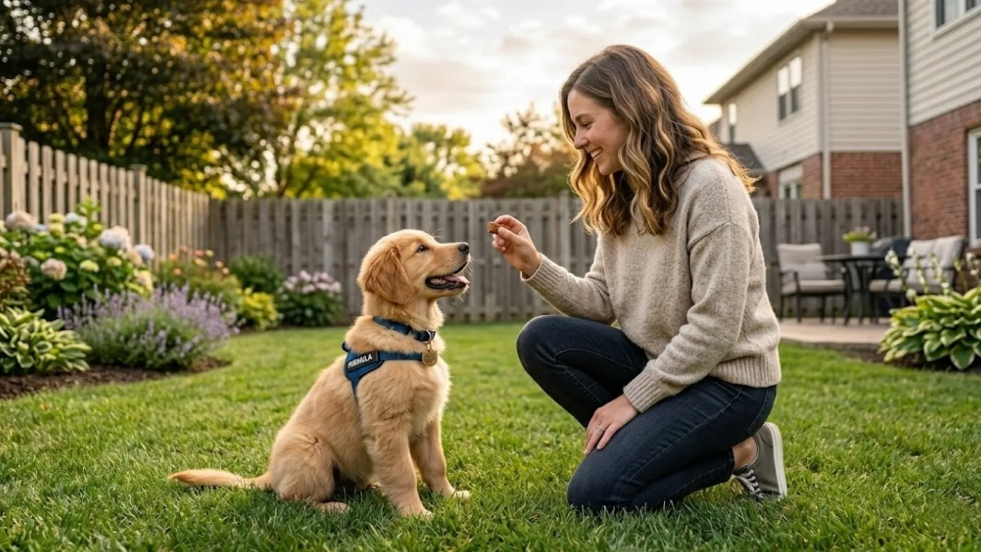 A golden retriever puppy in a training session with its owner in a US backyard, treat in hand, natural afternoon light