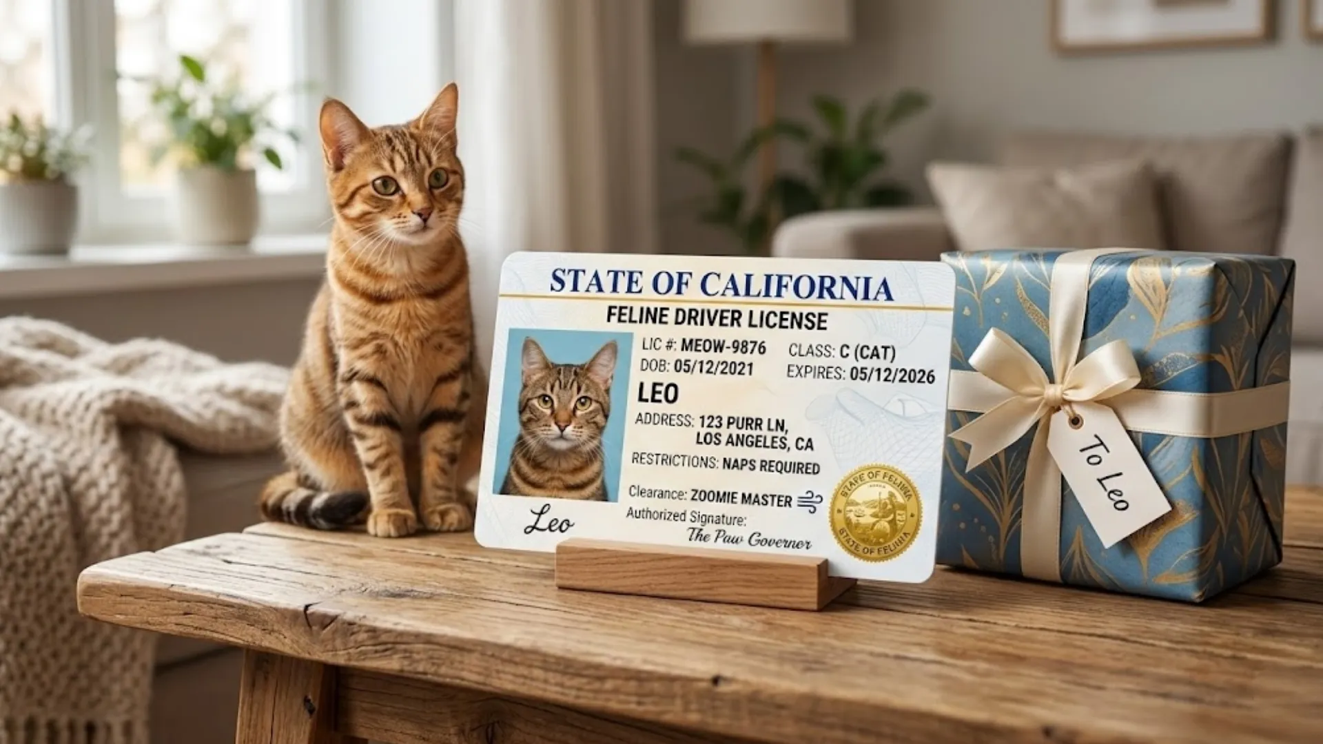A funny personalized cat license card displayed on a table next to a gift box, a tabby cat sitting nearby, natural light