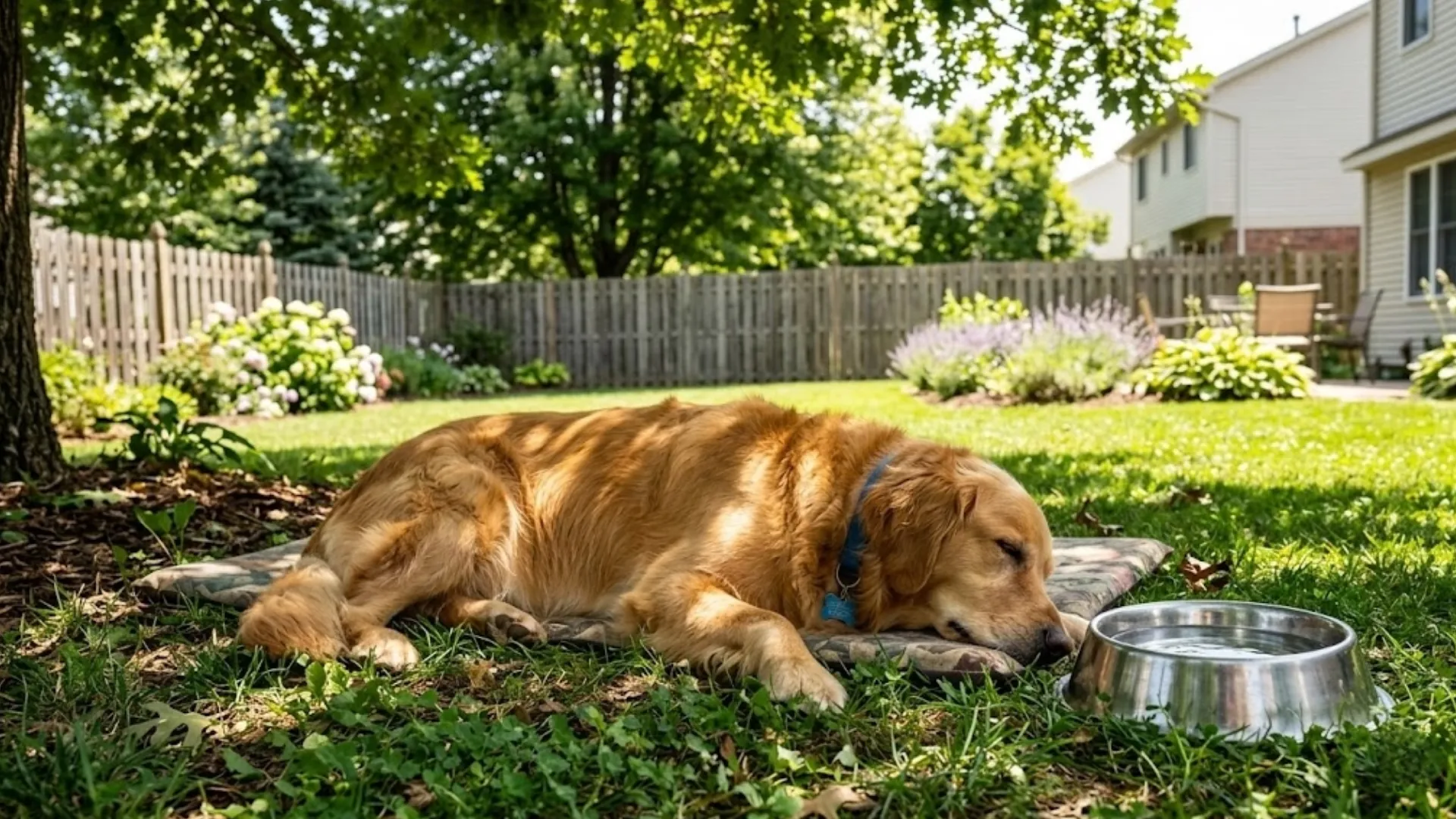 A Golden Retriever resting in the shade with a water bowl nearby on a hot sunny day in a US backyard