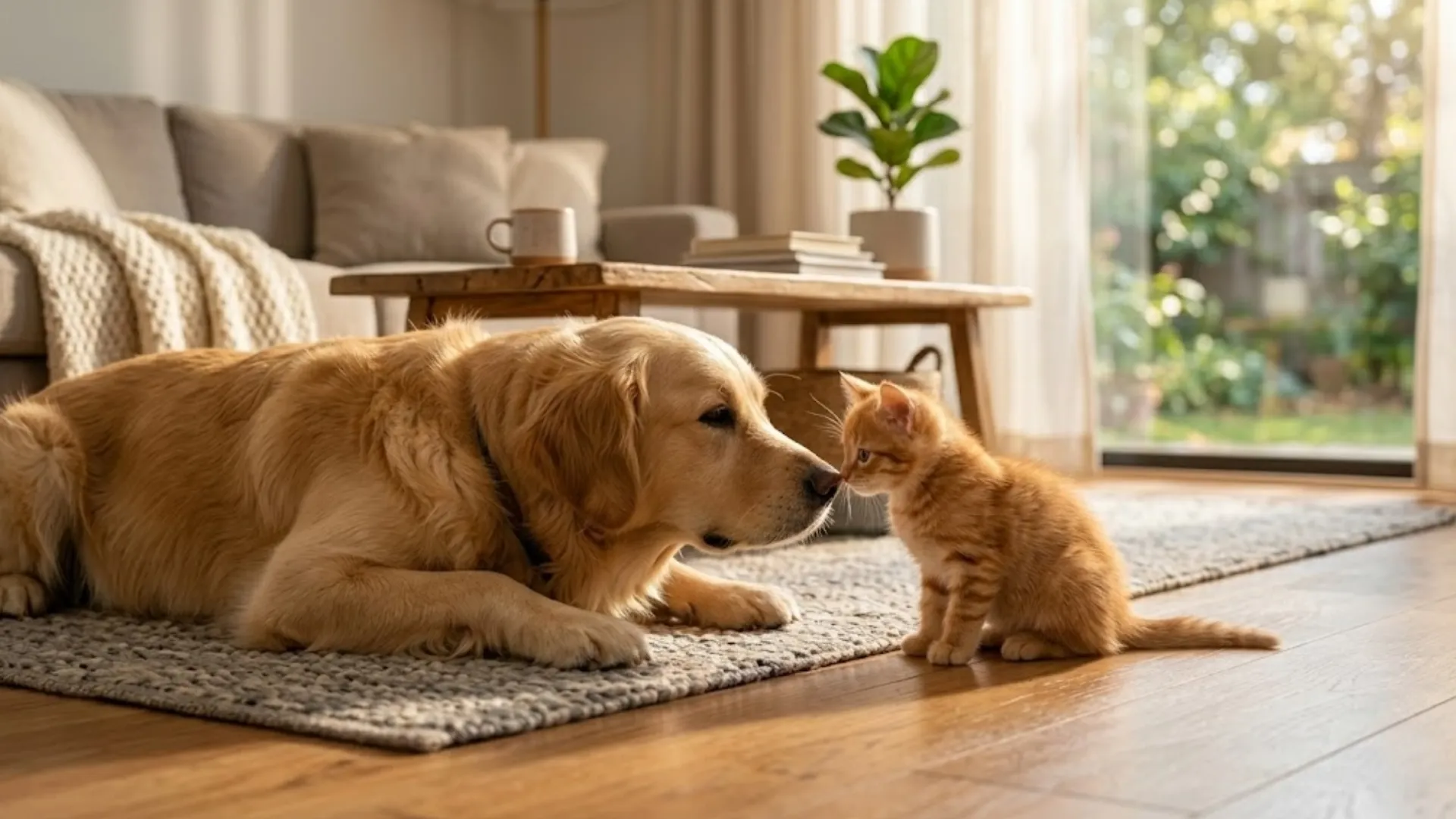 A calm dog and a small kitten meeting nose-to-nose on a living room floor, warm afternoon light, both animals relaxed