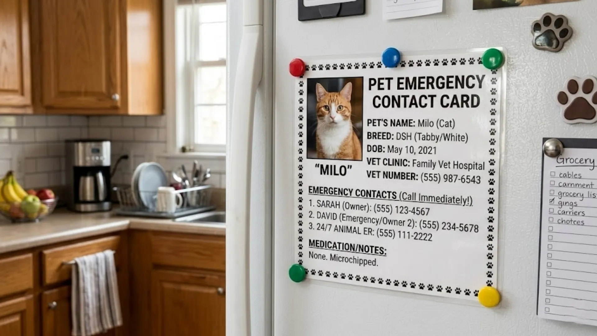 A laminated pet emergency contact card on a refrigerator door with a cat photo, vet info, and emergency numbers visible