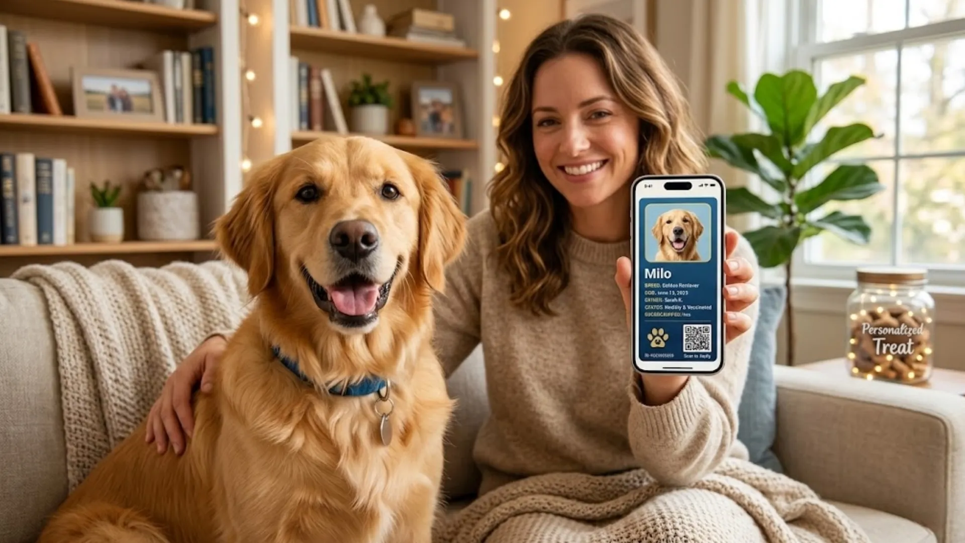 A pet owner holding up a realistic digital dog ID card while their golden retriever looks at the camera, warm home environment